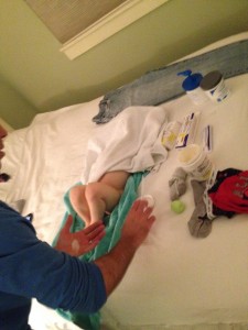 This was our set up of ointments and layers of clothing after each bath. This continued for 4 months post-NJH at home while I cared for a newborn at the same time and we did this twice a day everyday.